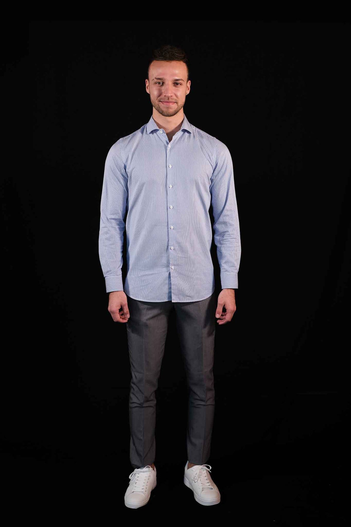High Quality Twill Shirt Stripes Medium Blue Modern Fit (Straight Cut)