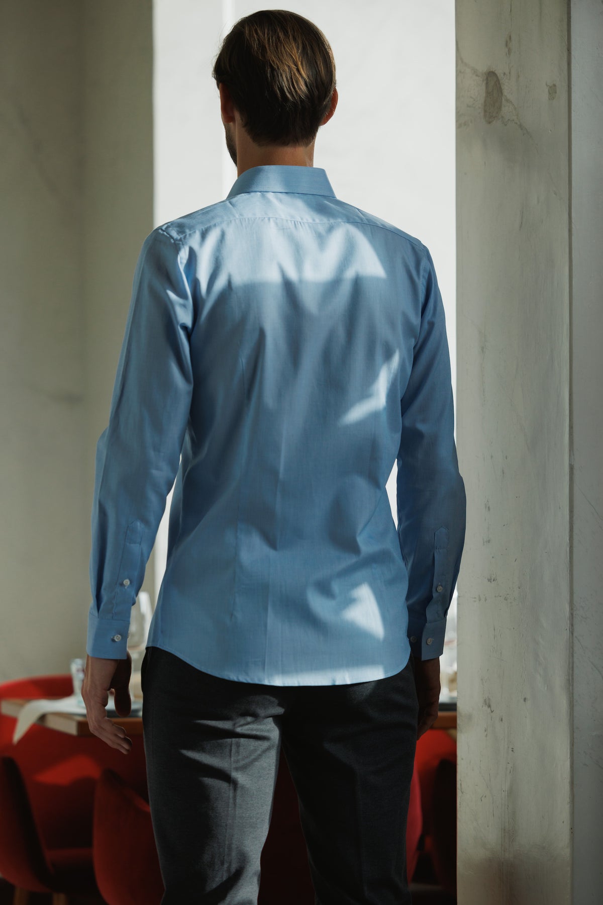 Chemise en sergé de haute qualité à carreaux fins bleu moyen Modern Fit (coupe droite)